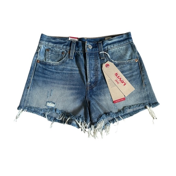 Levi’s Wedgie Shorts Size 25 NWT Blue Medium Wash Cutoff Distressed Classic - Picture 1 of 10